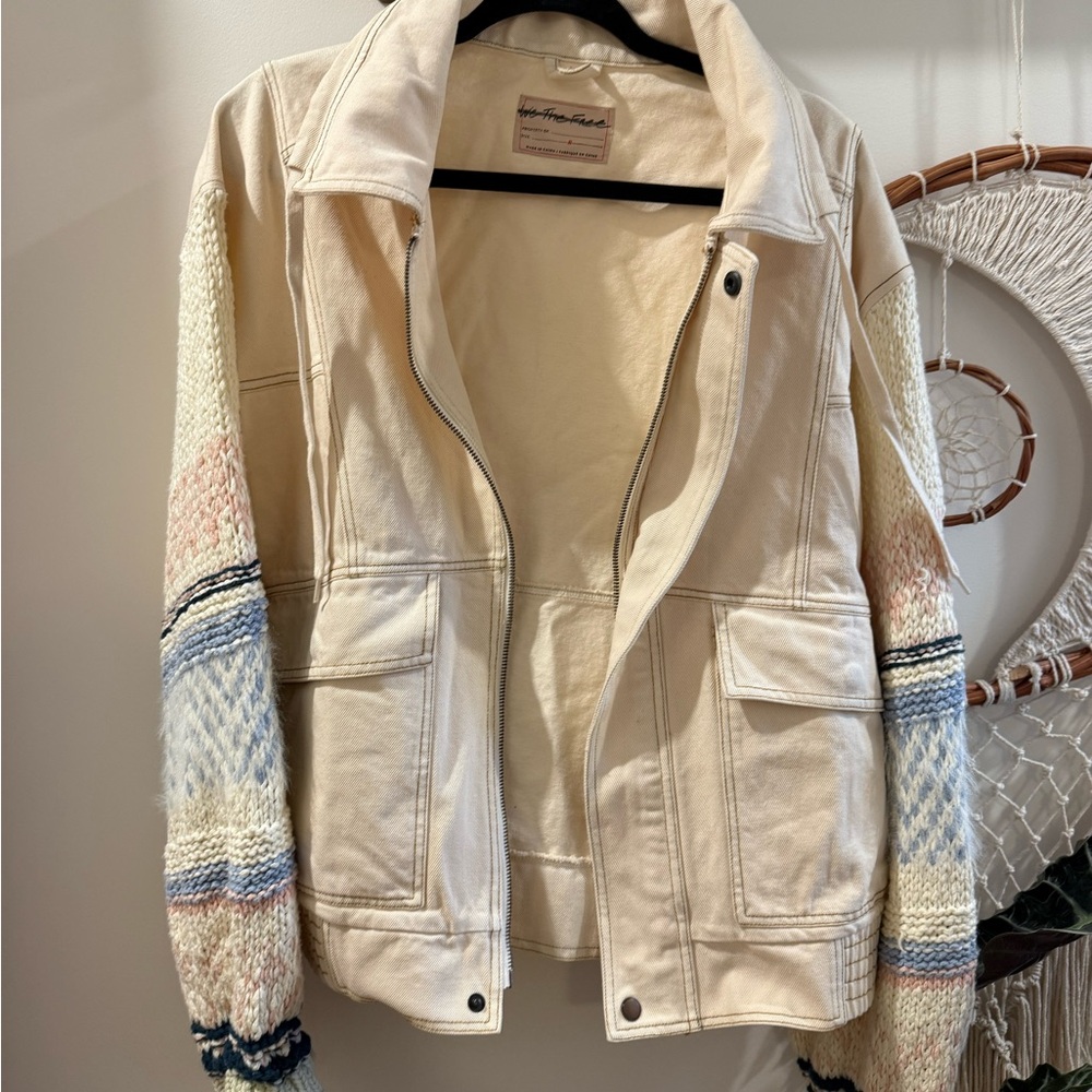 Free People Cream and Blue Utility Jacket with wool Patterned Sleeves